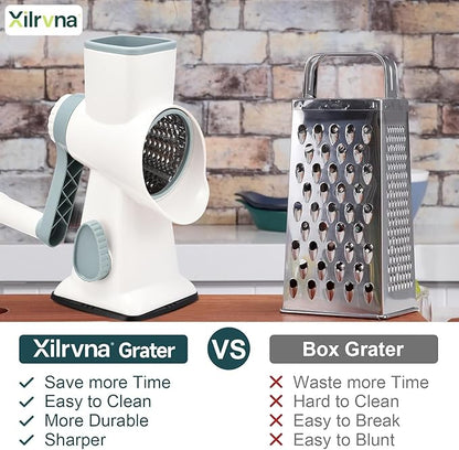 Rotary Cheese Grater with Handle Kitchen Shredder Slicer Grater Slicer Ice Shaver Cheese Vegetable Nuts Potato Zucchini Chocolate 3 Interchangeable Blades (WhiteBlue) - Image 2