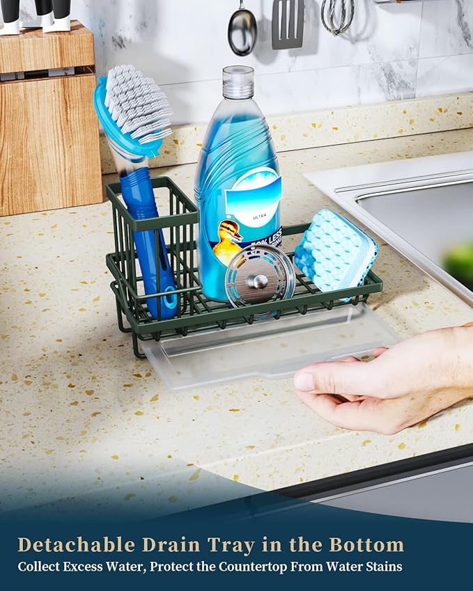 Consumest Sponge Holder for Kitchen Sink - Kitchen Sink Caddy Organizer with Removable Drip Tray for Countertop Dish Soap Dispenser Brush Storage Accessories 304 Stainless Steel, Green - Image 4