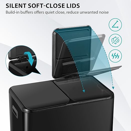 SUPER DEAL Kitchen Trash Can, 16 Gallon 60L Dual Garbage and Recycling Can with Foot Pedal for Kitchen, Living Room, Office, Removable Inner Buckets Soft Close Lid Odor Proof, Stainless Steel, Black