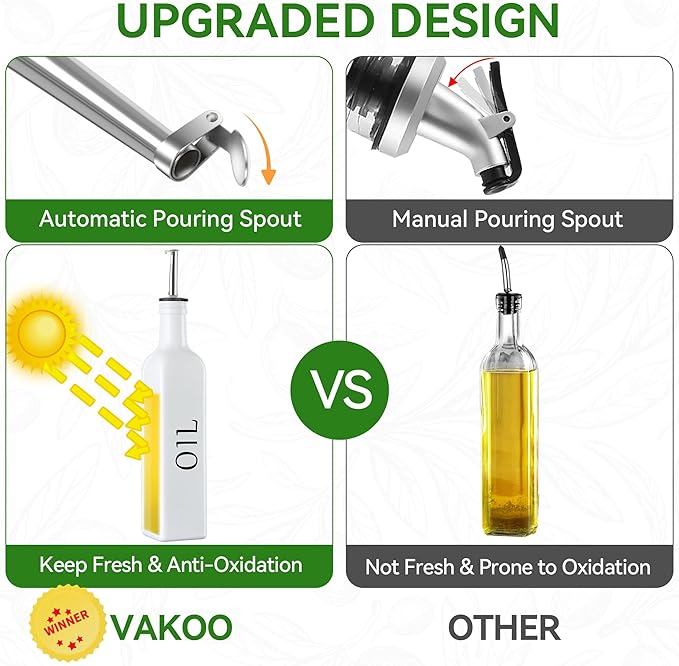 Vakoo Oil and Vinegar Dispenser Set - 17oz/500ml, Extra Thick Glass, Leak-Proof, Olive Oil Dispenser Bottle for Kitchen (White Black) - Image 3