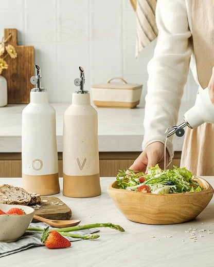 Besmeety 18oz Olive Oil Dispenser Bottle for Kitchen, Ceramic Oil and Vinegar Dispenser Set with Automatic Stainless Steel Pourer