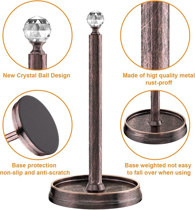 Kasunto Paper Towel Holder (with Crystal Ball) Steel Paper Towel Holder countertop，Paper Towel Holder Stand for Kitchen Countertops, Bars & Dining Tables,Fits Standard & Jumbo Rolls,Oil Rubbed Bronze - Image 3