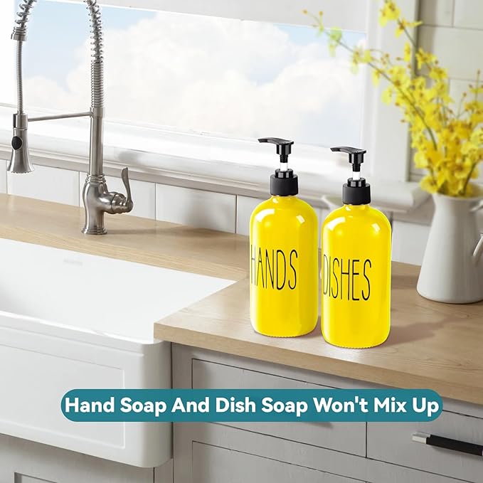 COHOSEGE Glass Soap Dispenser Set 2 Pack,16 Oz Dish Soap Dispenser for Kitchen Sink,Lemon Kitchen Decor and Accessories,Yellow Decorations and Kitchen Utensils for Kitchen - Image 5
