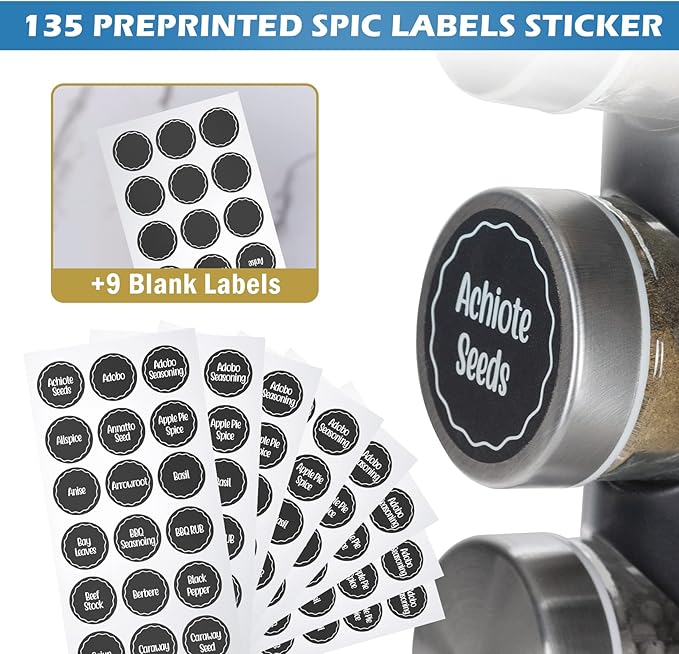 Tianifa Black Countertop Revolving Spice Rack, Empty 20-Jars Rotating Spice Rack Organizer, Round Carousel Tower, 135 Spice Labels with Funnel Complete Set, for Kitchen Countertop, Cabinet - Image 4