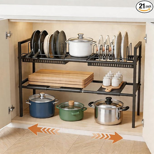 Pots and Pans Organizer Under Cabinet, Expandable Length, Adjustable Height Under Sink Shelf 2 Tier with 10 Dividers Under Cabinet Shelf, Pot and Pan Lid Holder Rack (Black)