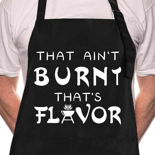 Rosoz Funny BBQ Black Chef Aprons for Men, That Ain't Burnt That's Flavor, Adjustable Kitchen Cooking Aprons with Pocket Waterproof Oil Proof Valentine's Day/Birthday