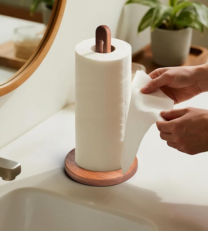 KitchLife Acacia Wooden Paper Towel Holder Countertop, Fits Jumbo Rolls, Freestanding Dark Wood Paper Towel Stand Upgraded Dispenser Organizer with Non-Slip Base - Image 7
