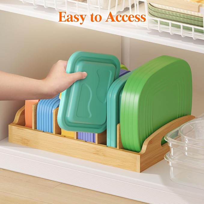 Lifewit Bamboo Lid Organizers for Inside Cabinet, Food Storage Container Lid Holder with 5 adjustable Inserts & 6 Sections, Kitchen Pantry organizer and storage, Large, 13.2" x 10"/34 x 25cm - Image 9