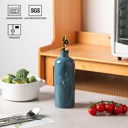 Sweejar Ceramic Olive Oil Dispenser Bottle for Kitchen Counter, 20 oz Oil Dispenser with Gold Spout, Avocado Oil Cruet for EVOO, Vinegar, Oil Container for Cooking, Pack of 1 (Fog Blue)
