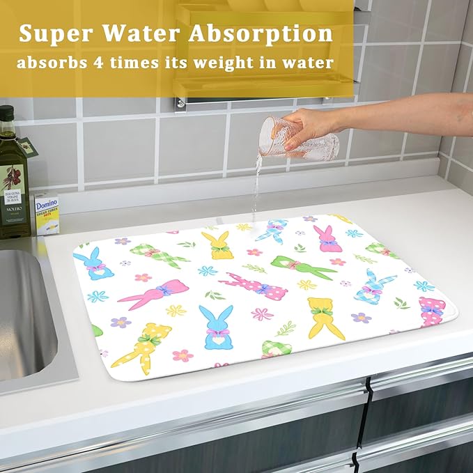 Easter Dish Drying Mat for Kitchen Counter Cute Bunny Floral Holiday Microfiber Absorbent Dish Draining Reusable Washable Foldable Extra Large 18"x24" - Image 7