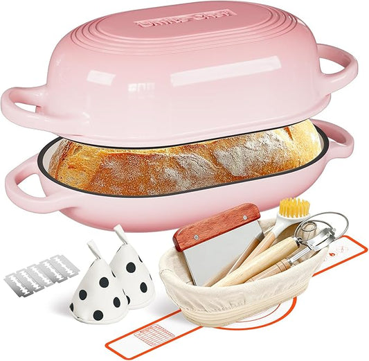Enameled Cast Iron Sourdough Bread Oven, Dutch Oven for Bread Baking, - incl. Sourdough Bread-Baking Supplies like Banneton Bread-Proofing Basket - 5QT Loaf Cast Iron Bread Pan-Making Kit Pan, Pot, Sour Sough Tools, Lame (Pink) by UmiteChef