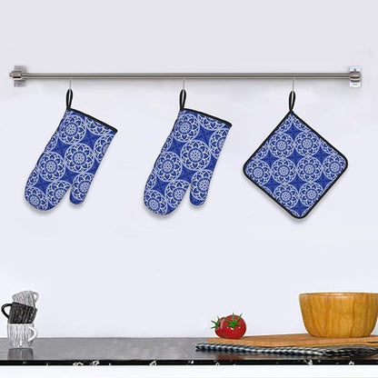 Chinoiserie Blue and White Floral Oven Mitts and Pot Holders Sets of 3, Heat Resistant Non-Slip Boho Kitchen Gloves for Baking Cooking Grilling, Navy Blue Hot Pads for Kitchen Decor, Gifts for Women - Image 2