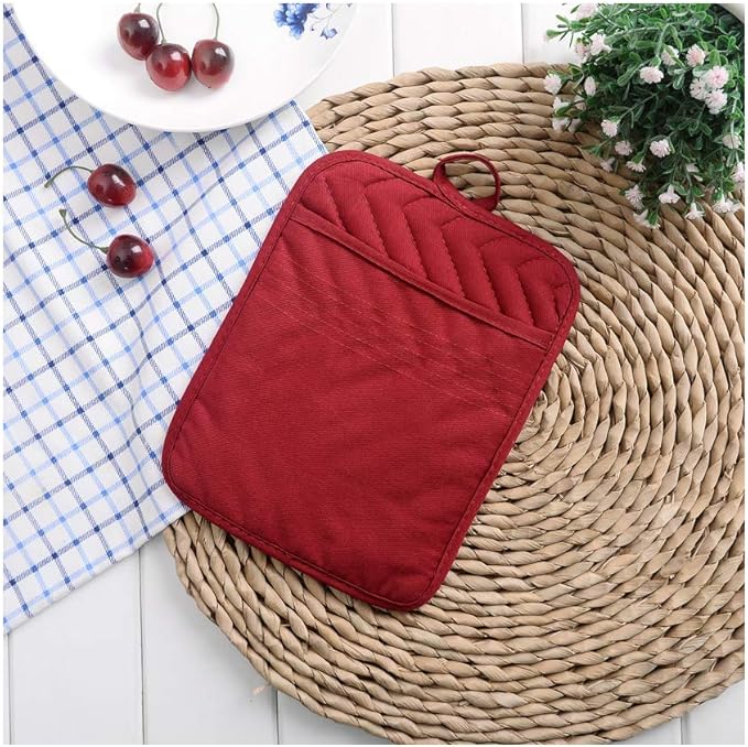 Anyi Pot Holders for Kitchen Heat Resistant, Cotton Hot Pads for Counter Table, Red Kitchen Pot Holders with Pocket - Image 4