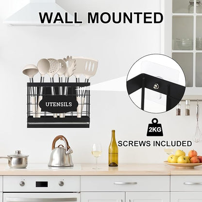 Magnetic Utensil Holder for Fridge Large Silverware Organizer Kitchen Utensil Organizer with Draining Kitchen Counter Sturdy Black Metal Cooking Caddy Storage for Silicone Spatula Fork Spoon