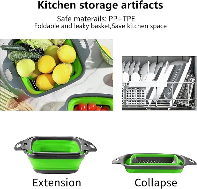 2 PCS Collapsible Colander, Collapsible Strainers for Kitchen, 11.5 inch Silicone Strainer and 9.5 inch Silicone Colander for Draining Vegetable fruit, Kitchen Food Strainer, Blue (Green) - Image 4