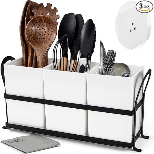 Czlizdyt Large Kitchen Utensil Holder, Drainage Utensil Caddy for Countertop, 3pcs Bins Set Cooking Utensil Organizer for Spoons, Spatulas, White by CZLIADYT