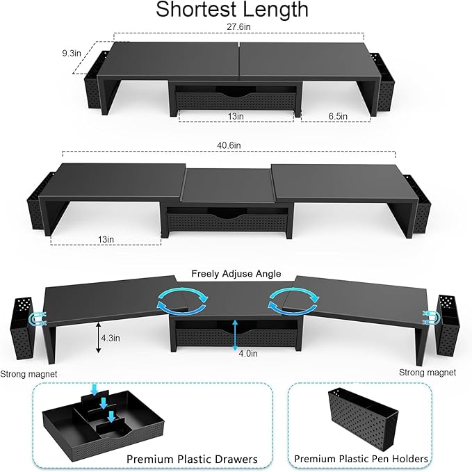 gianotter Dual Monitor Stand Riser, Desk Organizer With Drawer and 2 Pen Holders, Computer Monitor Stand, Shelf for Top of Desk, Black - Image 6