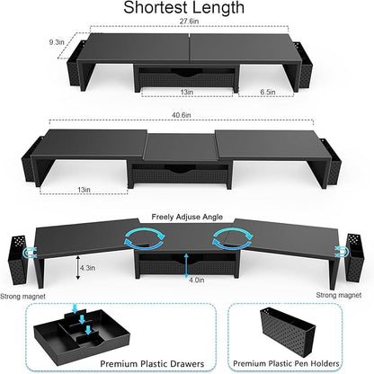 gianotter Dual Monitor Stand Riser, Desk Organizer With Drawer and 2 Pen Holders, Computer Monitor Stand, Shelf for Top of Desk, Black - Image 6