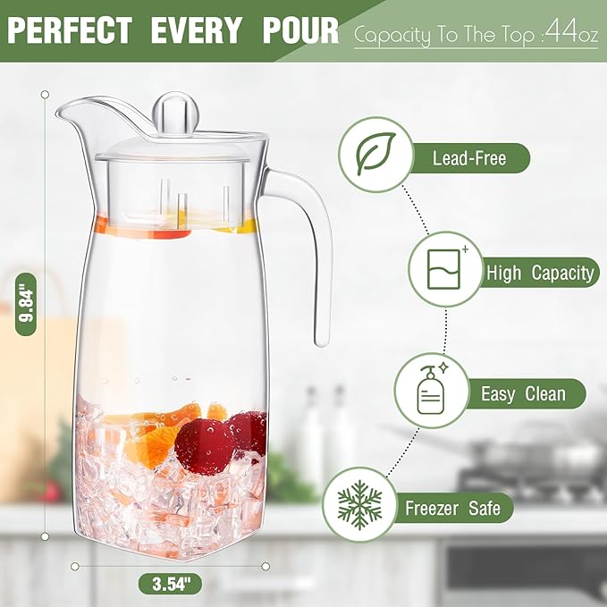 Didaey 4 Pcs Acrylic Water Pitcher with Lid, Spout Handle Clear Plastic Pitcher Heat Resistant Carafe Unbreakable Beverage Container Fridge Jug for Juice Ice Tea Sangria Lemonade(44 oz,Diamond)