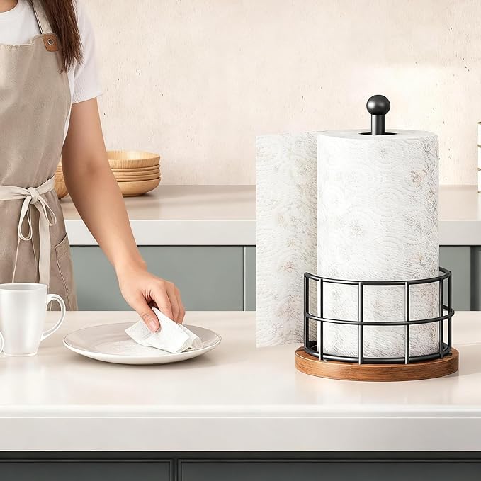 YATINEY Paper Towel Holder, Kitchen Paper Towel Holder for Countertop, Paper Towel Stand with Wooden Base, Freestanding Kitchen Roll Holder, for Standard Size Rolls, Rustic Brown CJ05BR
