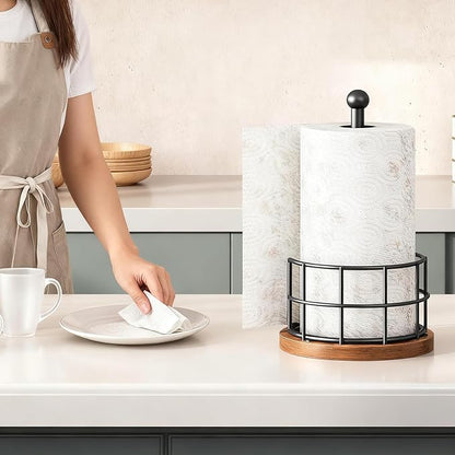 YATINEY Paper Towel Holder, Kitchen Paper Towel Holder for Countertop, Paper Towel Stand with Wooden Base, Freestanding Kitchen Roll Holder, for Standard Size Rolls, Rustic Brown CJ05BR