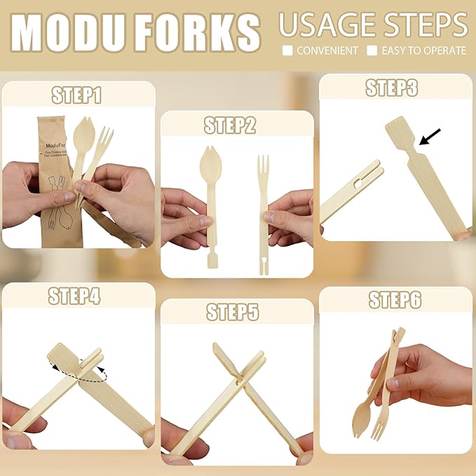 Bamboo Forks Set, 30 Sets Disposable Cutlery (30 Biodegradable Forks, 30 Compostable Spoons), Detachable 3 in 1 Bamboo Spoons and Forks, Multi-functional Chopstick Tongs