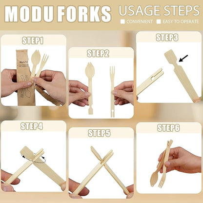 Bamboo Forks Set, 30 Sets Disposable Cutlery (30 Biodegradable Forks, 30 Compostable Spoons), Detachable 3 in 1 Bamboo Spoons and Forks, Multi-functional Chopstick Tongs