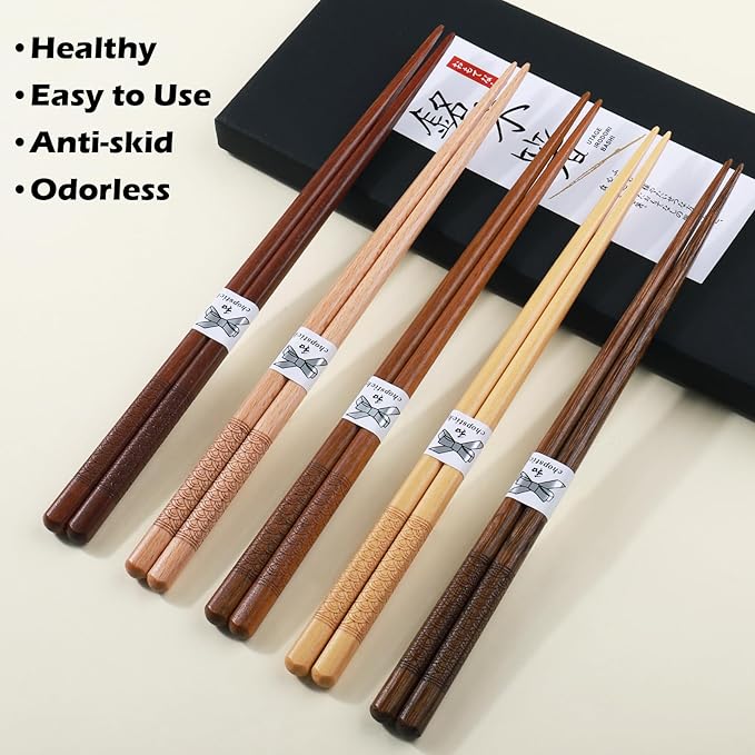 Reusable Chopsticks，GLAMFIELDS Japanese Natural Wooden 5 Pairs Hand-Carved Classic Style Lightweight Safe Chop Sticks 8.8 Inch/22.5cm Gift Set - Image 3