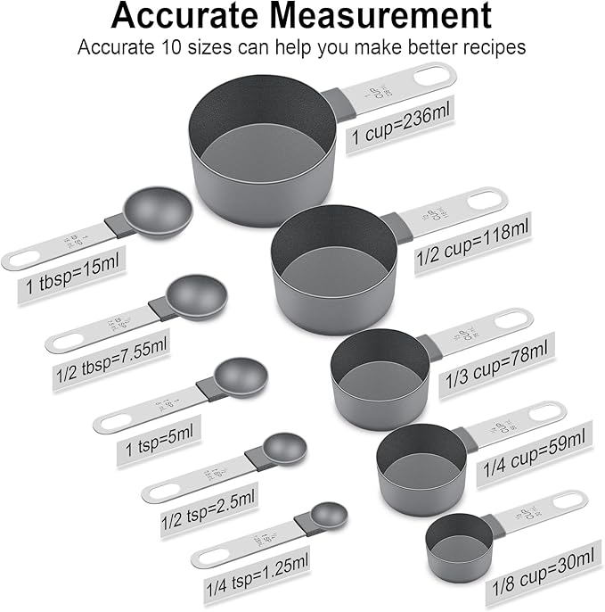 Measuring Cups and Spoons Set of 10 Pieces, Nesting Measure Cups Spoons with Stainless Steel Handle for Dry & Liquid Ingredient, Kitchen Gadgets, Grey - Image 2