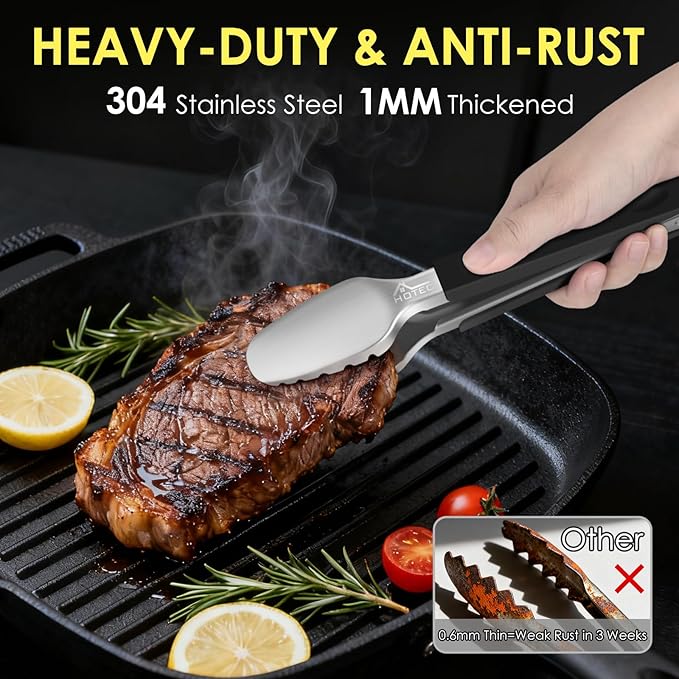 Hotec Stainless Steel Kitchen Tongs, Set of 2-9" and 12", Locking Metal Food Tongs for Cooking, Serving, BBQ, Grill Non-Slip Grip - Image 7