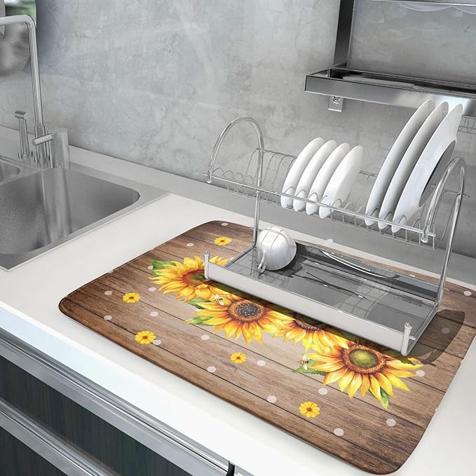 Summer Sunflower Bee Dish Drying Mat for Kitchen Counter,Rustic Yellow Flowers White Polka Dots Drying Mat 18 x 24 Inch with Absorbent Reversible Microfiber Drying Pad for Coffee Bar - Image 5