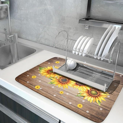 Summer Sunflower Bee Dish Drying Mat for Kitchen Counter,Rustic Yellow Flowers White Polka Dots Drying Mat 18 x 24 Inch with Absorbent Reversible Microfiber Drying Pad for Coffee Bar - Image 5