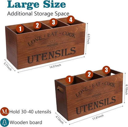 2 PC Wooden Utensil Holder,（With 4-Compartments size*1 + 3-Compartments size*1） Extra Large Kitchen Counter,Cooking Spatula Organizer,Farmhouse Decor, Rustic Cooking Utensil - Image 2