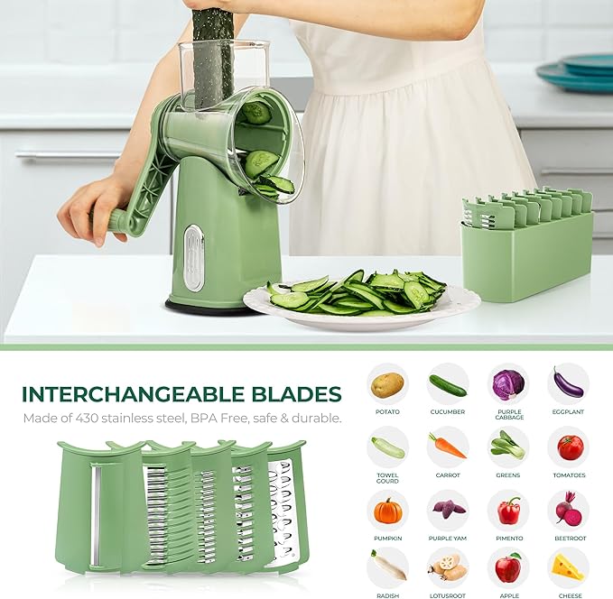 SUSTEAS Rotary Cheese Grater with Handle - Vegetable Shredder with 5 Well-designed Blades & Strong Suction Base,Round Mandoline Slicer & Food Chopper for Kitchen,with Blade Storage Box(Retro Green) - Image 8