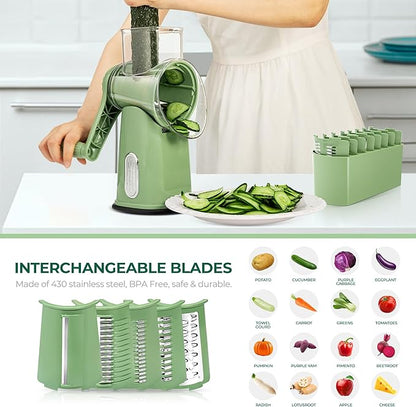 SUSTEAS Rotary Cheese Grater with Handle - Vegetable Shredder with 5 Well-designed Blades & Strong Suction Base,Round Mandoline Slicer & Food Chopper for Kitchen,with Blade Storage Box(Retro Green) - Image 8