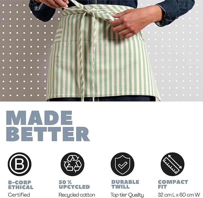 MEEMA Chef Waist Apron Cotton Fabric |Washable & Breathable Waitress & Server Half Aprons for Women with Pockets & Long Waist Straps | Cooking, Baking, Grilling & Crafting