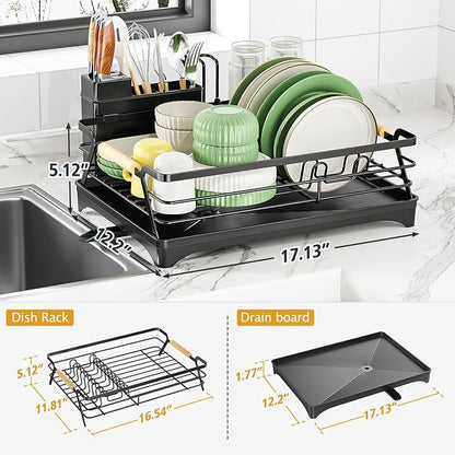 Epicano Dish Drying Rack for Kitchen Counter - Large Capacity Dish Rack with Wooden Handle,Cup Holder & Knife Slots, Rustproof Dish Drainer with Auto-Drainage System, Kitchen Sink Organizer, Black - Image 5