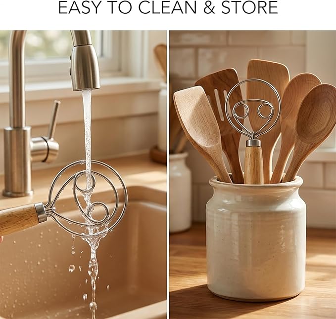 Danish Dough Whisk for Sourdough Bread, Stainless Steel Bread Dough Whisk with Wooden Handle, Manual Dough Mixer Tool for No Knead Bread, Pizza, Baking & Starter Mixing