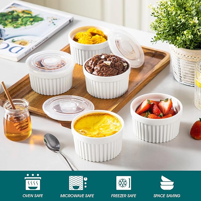 vancasso 10 oz Ramekins with Lid, Porcelain Creme Brulee Souffle Dishes, White Pudding Custard Cups Ramiken for Baking, Dishwasher and Oven Safe, Set of 6 - Image 5
