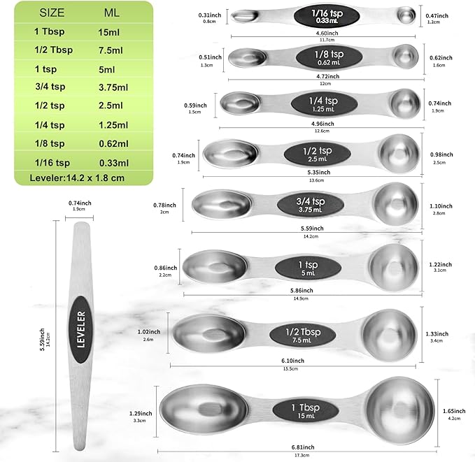 Magnetic Measuring Spoons Set Stainless Steel with Leveler, Dual-Sided Metal Measuring Spoons for Baking & Cooking, Fits in Spice Jars, Must-have Kitchen Gadgets, 8 Measuring Spoons & 1 Leveler, Black - Image 2