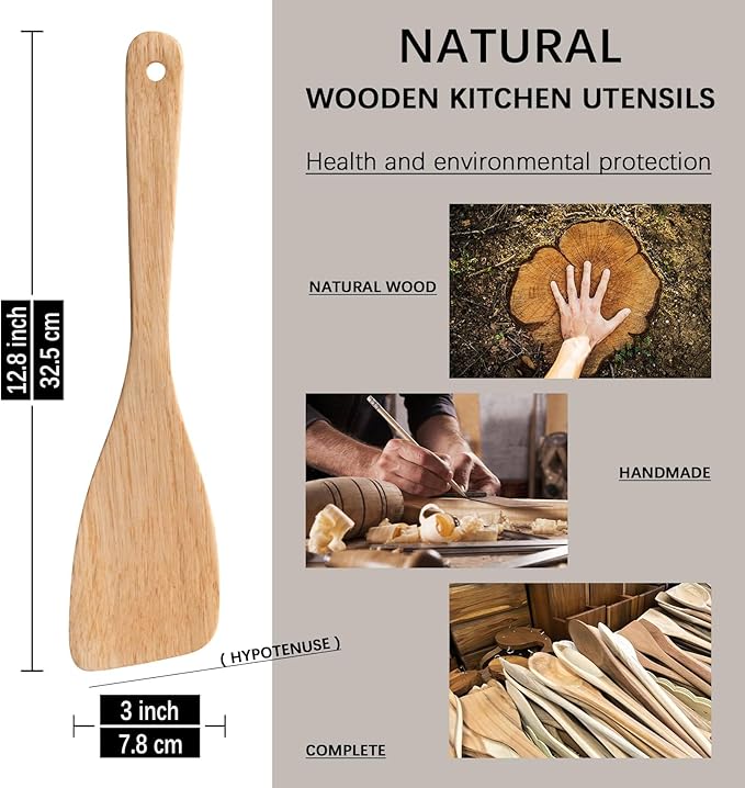 2PCS Wooden Spatulas for Cooking, 12.8inch Coated Schima Wood Turners for Frying, Non-Scratch Wood Bevel Spurtle for Pan & Wok,Wooden Cooking Utensils for Non Stick Cookware,Long Handle Scraper - Image 2