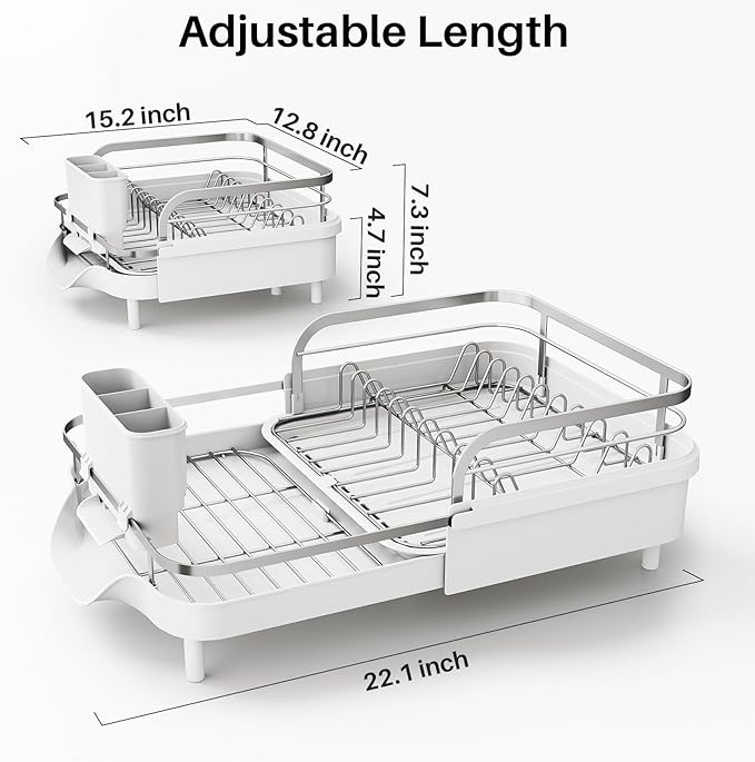 SNTD Dish Drying Rack, Expandable Dish Rack for Kitchen Counter, Stainless Steel Dish Drainer with Drainboard Set and Utensil Holder (White) - Image 5