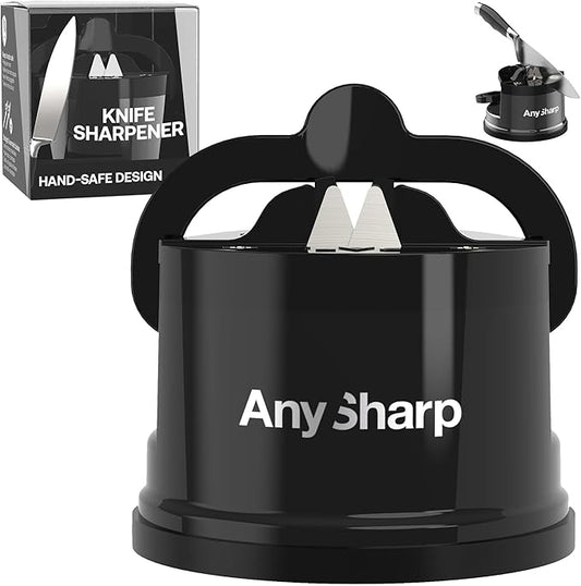 AnySharp – Global – Hands Free Knife Sharpener - Easy to Use Sharpening Tool with PowerGrip Suction Base and 20-Degree Pre-Set Angle - for All Knives: Chef's, Serrated, and Hardened Steel - Black by AnySharp