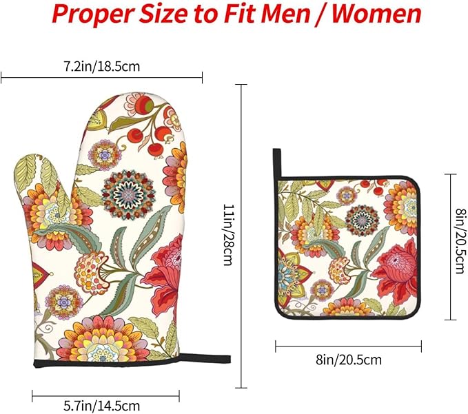 Boho Floral Oven Mitts and Pot Holders Sets of 3 Heat Resistant Hot Pads Colorful Flower Decorative Oven Gloves for Cooking Grilling Baking Kitchen Decor - Image 4