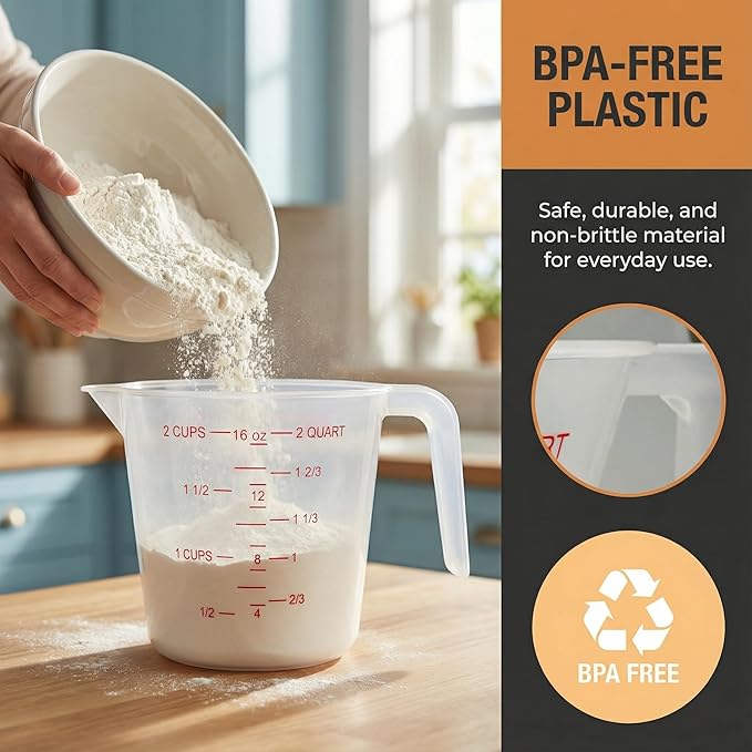 8 Pcs 2 Cup Capacity Plastic Measuring Cup, 16 Oz/500 ml Clear Graduated Measuring Cups Plastic Mug with Spout and Handles Ounce and Ml Cup Marking for Recipe Ingredient, Flour, Water, Liquid