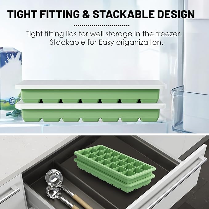 Silicone Ice Cube Trays 3Packs, Easy Release Ice Cube Molds with Lid, Freezer Stackable Ice Maker for Whiskey, Baby Food, BPA Free (2, Green) - Image 4