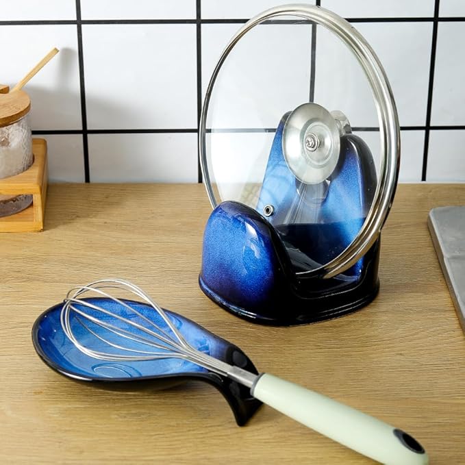 Nihow Pot Lid Holder and Spoon Rest for Kitchen Counter/Stove Top While Cooking - Heat Resistant & Dishwasher Safe - Elegant Black & Blue Sets - Image 6