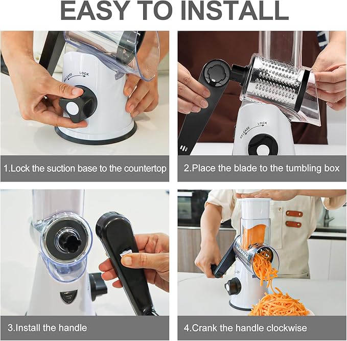 Cambom Rotary Cheese Grater Hand Crank Cheese Shredder for Fresh Cheese, Vegetable, Nuts,Non-slip Suction Base, Free Cleaning Brush Three Blades, White and Black - Image 7