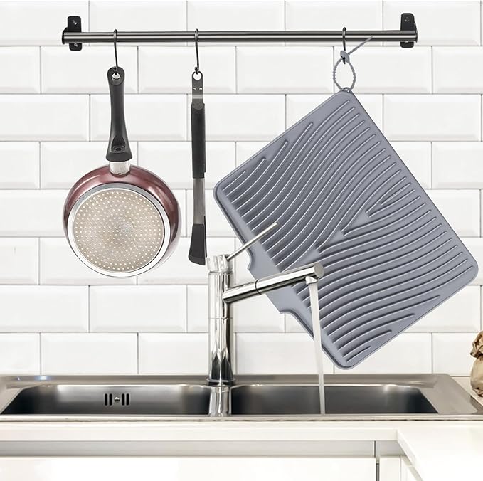 TIKNIK Silicone Dish Drying Mat, Stone Drying Mat for Kitchen Counter with Built-In Drain, Non-Slip Drain Pad with Built-in Drain, Heat Resistant Stone Drying Mat, Hangable, Grey-2pcs, 20" x 15" - Image 3
