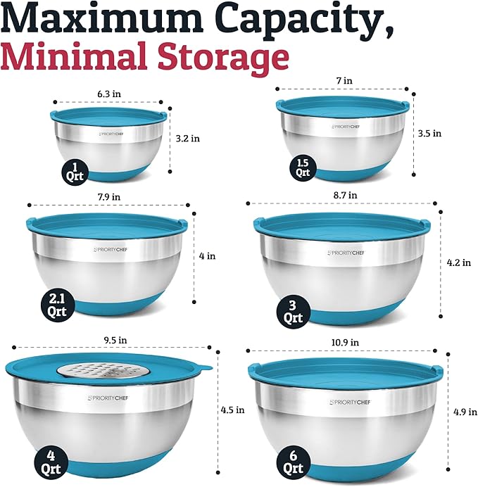 Priority Chef 6Pc Large Mixing Bowls With Lids Set with Non-Slip Bases, Stainless Steel Mixing Bowl Set, 6 Airtight Lids and 3 Graters, Turquoise - Image 2